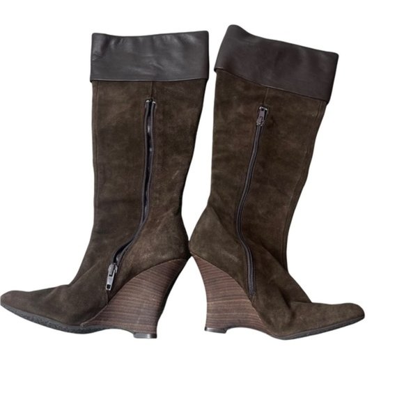 ZARA Brown Suede Leather Wedge Cuffed Knee High Boots Size 37 Made in Spain GUC - Picture 3 of 10